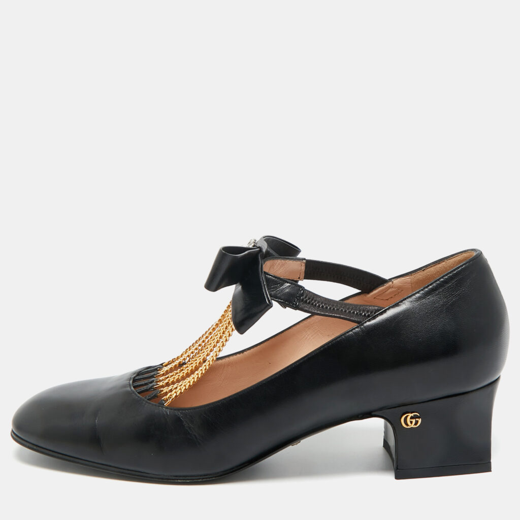 Gucci Black Leather Chain Embellished Mary Jane Pumps Size 39