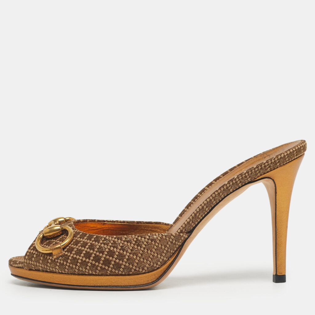 Gucci Bronze Diamante Fabric Horsebit Slide Sandals Size 37