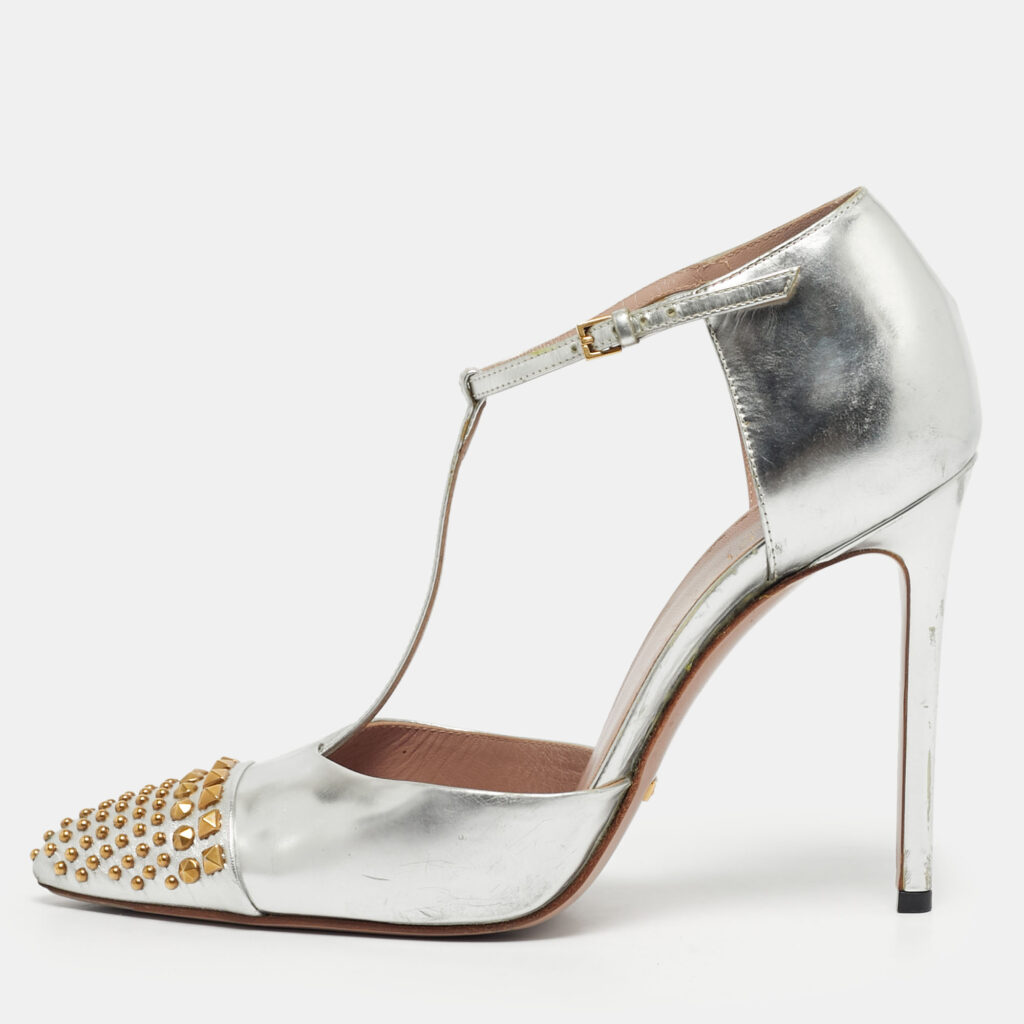 Gucci Silver Leather Stud Point Toe Ankle Strap Pumps Size 39.5 Gucci Silver Leather Stud Point Toe Ankle Strap Pumps Size 39.5