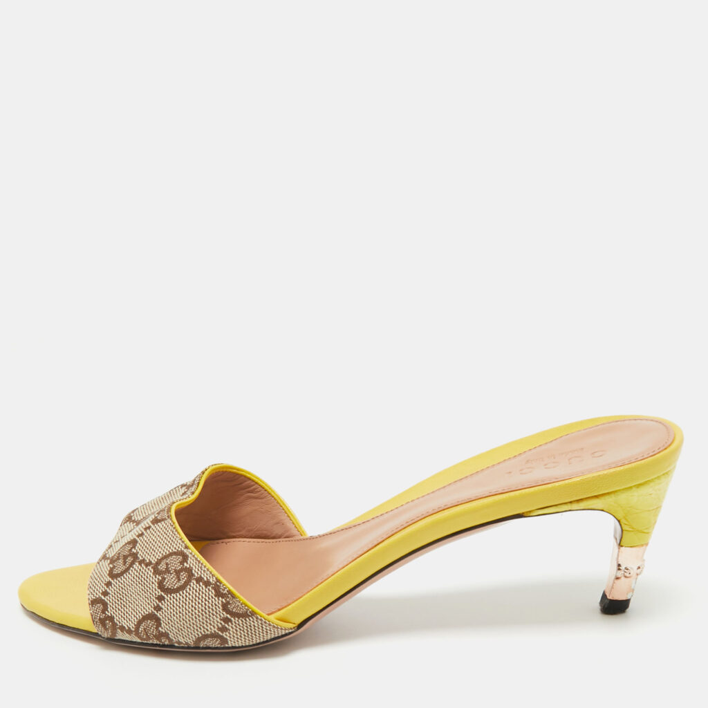 Gucci Yellow Leather and GG Canvas Slide Sandals Size 34.5