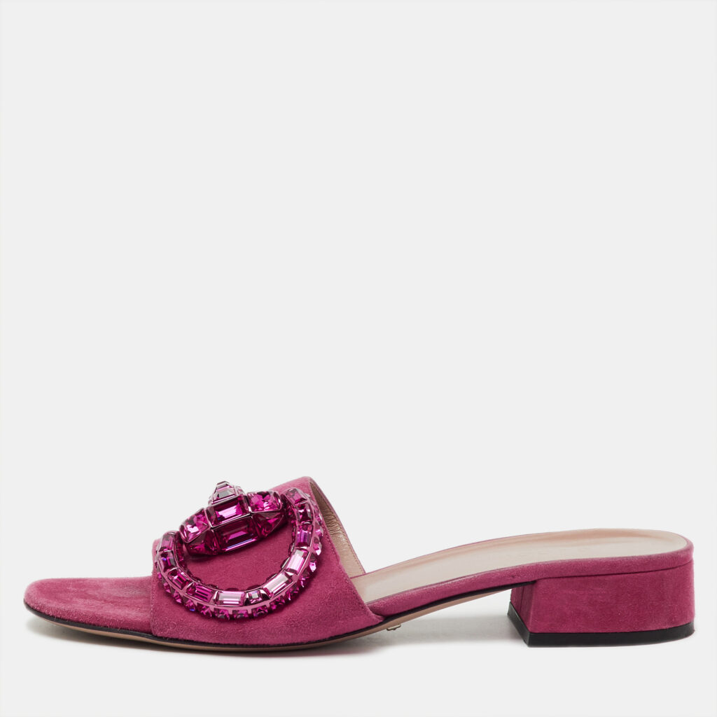 luxury-women-gucci-used-shoes-p1212740-001.jpg Gucci Pink Suede Crystal Maxime Horsebit Slide Sandals Size 37.5