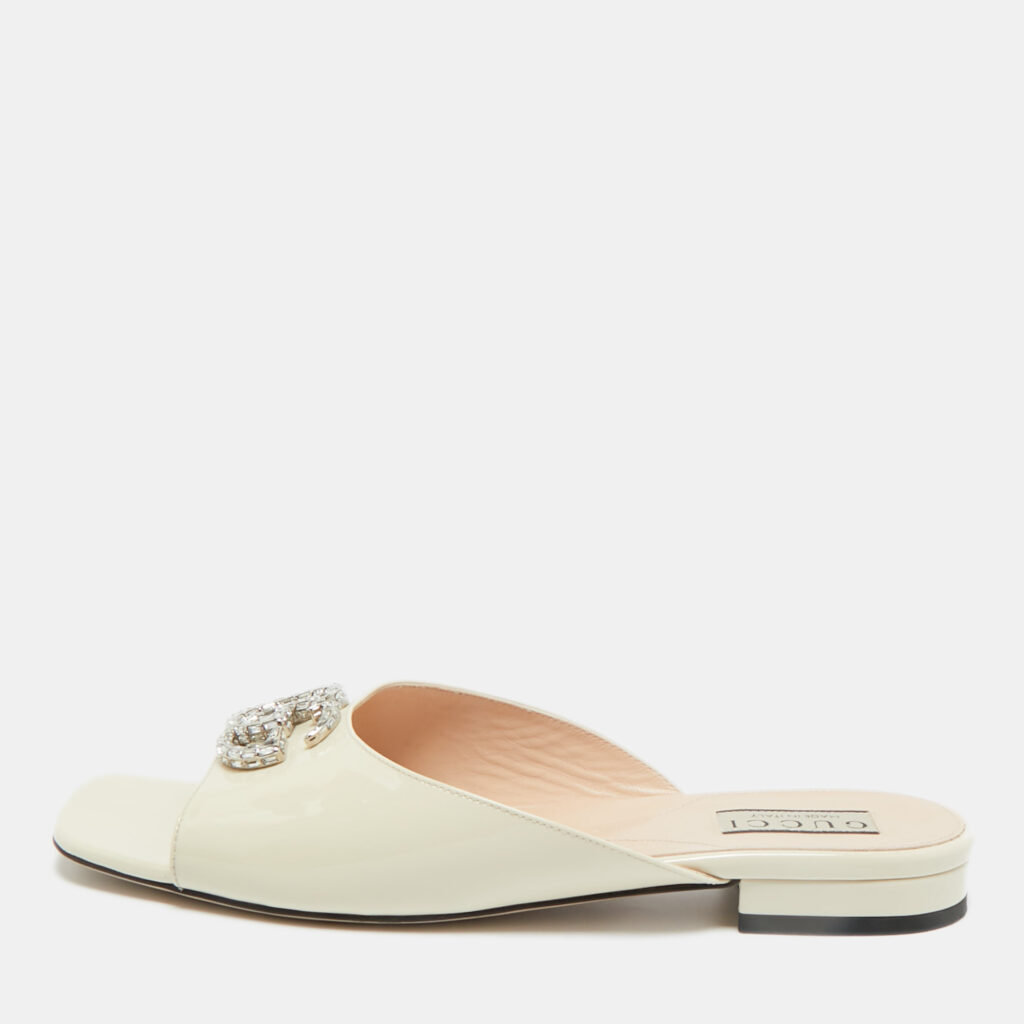 Gucci Cream Patent Leather Harlow Flat Slides Size 39
