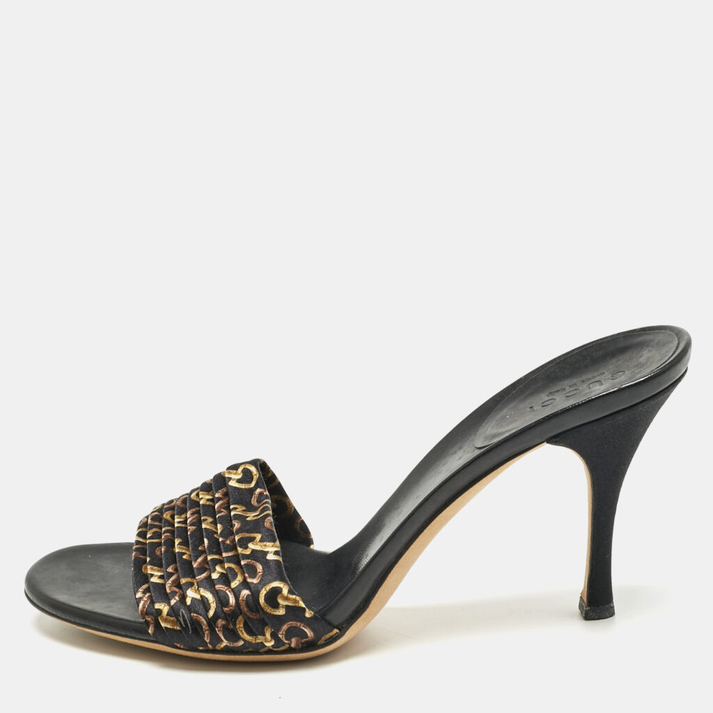 Gucci Black/Gold Fabric and Leather GG Interlocking Slide Sandals Size 35.5