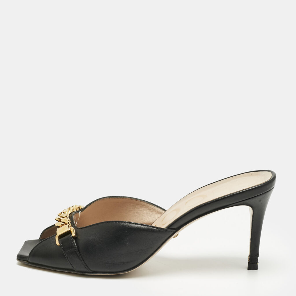 Gucci Black Leather Sylvie Chain Slide Sandals Size 36 Gucci Black Leather Sylvie Chain Slide Sandals Size 36