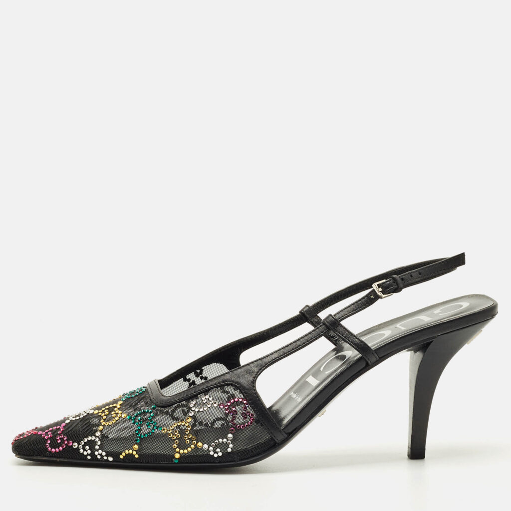 Gucci Multicolor GG Crystal Mesh and Leather Slingback Pumps Size 39