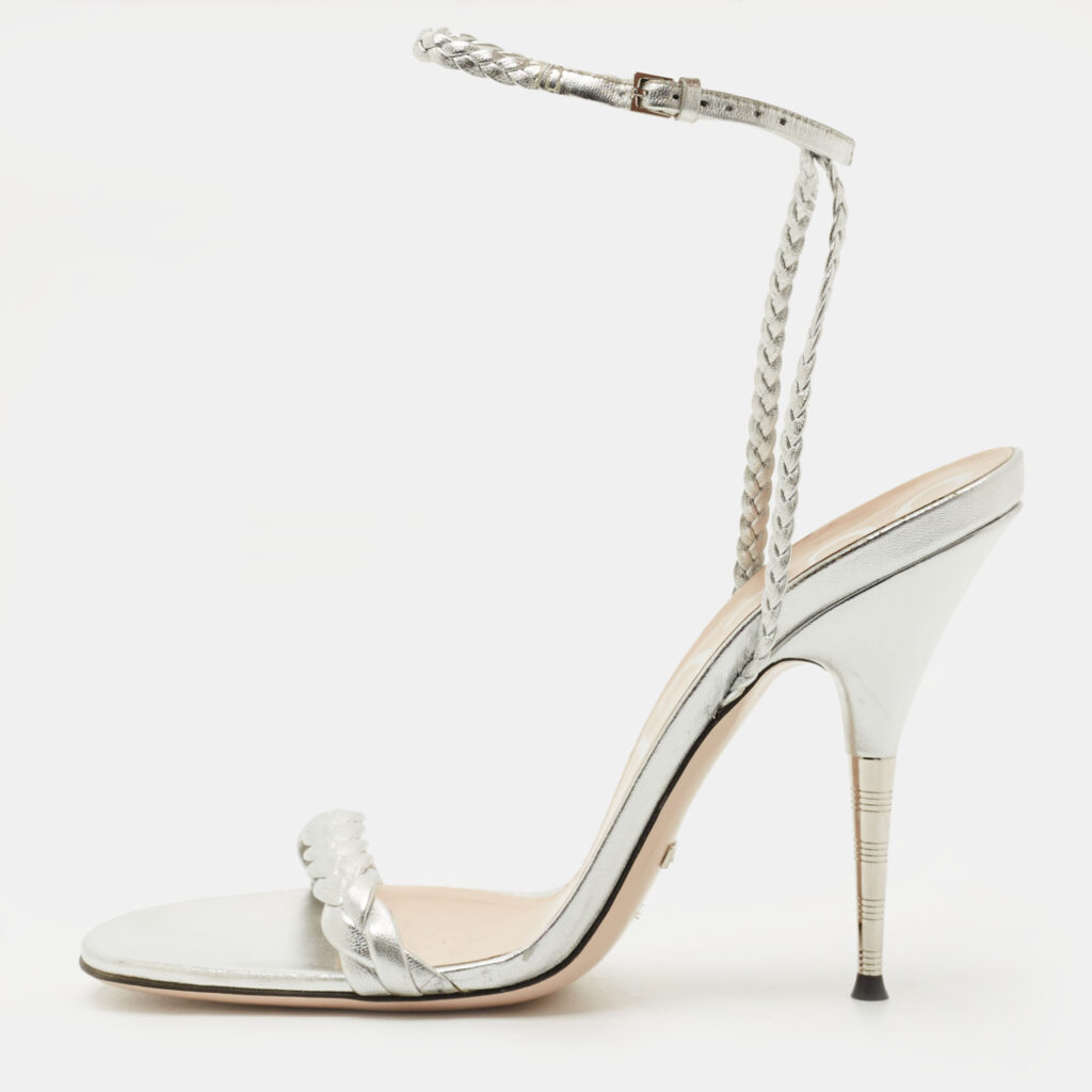 Gucci Silver Leather and Woven Leather Ankle Wrap Sandals Size 39.5 Gucci Silver Leather and Woven Leather Ankle Wrap Sandals Size 39.5