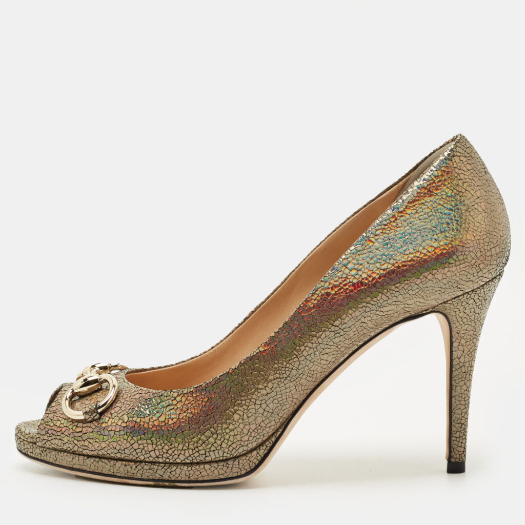 Gucci Multicolor Iridescent Leather Horsebit Peep Toe Pumps Size 39.5 Gucci Multicolor Iridescent Leather Horsebit Peep Toe Pumps Size 39.5