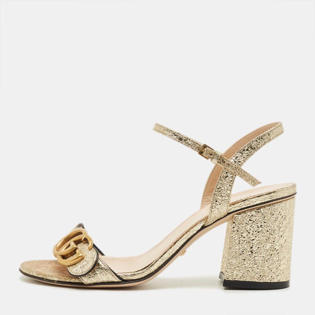 Gucci Gold Leather GG Marmont Ankle Strap Sandals Size 35.5