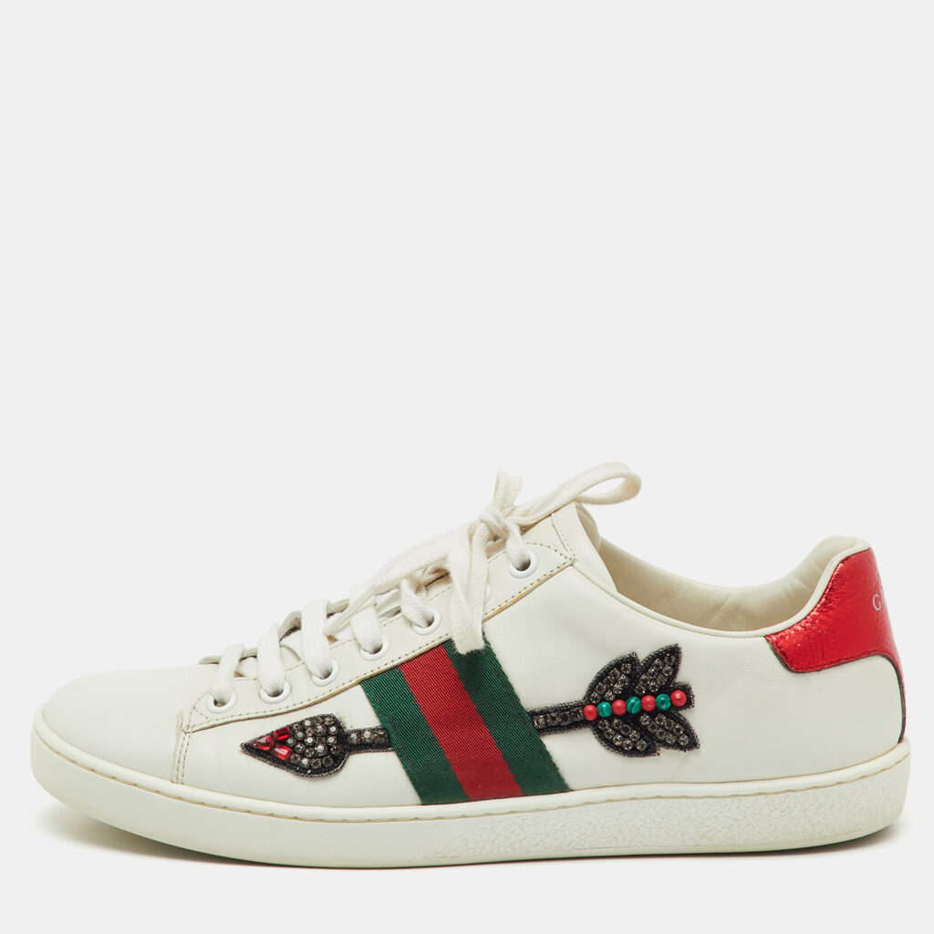 Gucci White Leather Crystal Embellished Arrow Ace Low Top Sneakers Size 38 Gucci White Leather Crystal Embellished Arrow Ace Low Top Sneakers Size 38