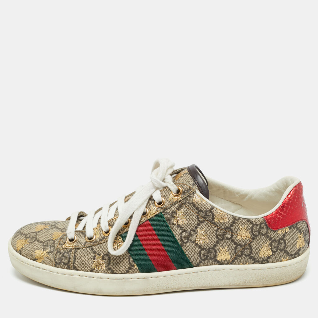 Gucci Beige Coated Canvas and Snakeskin Embossed Leather Ace Low Top Sneakers Size 37.5