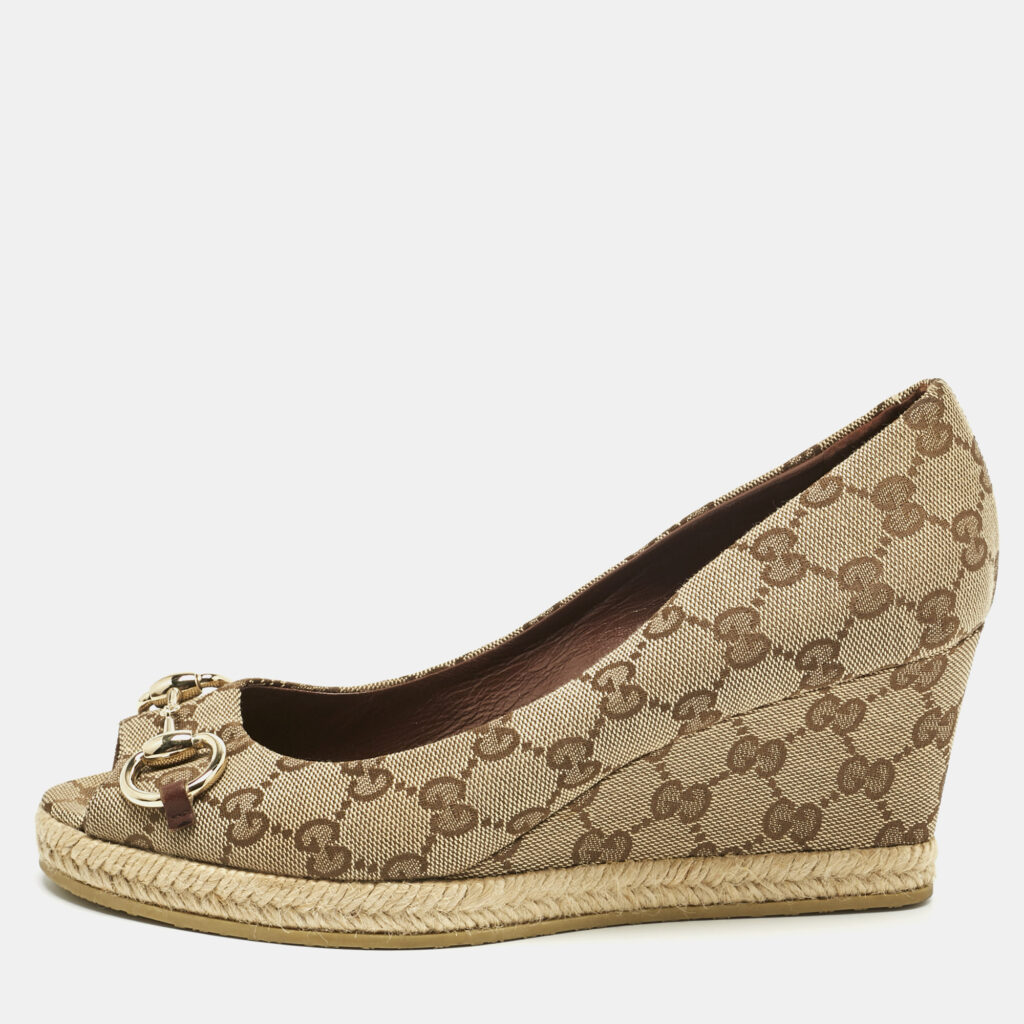 Gucci Beige GG Canvas Charlotte Horsebit Wedge Pumps Size 38