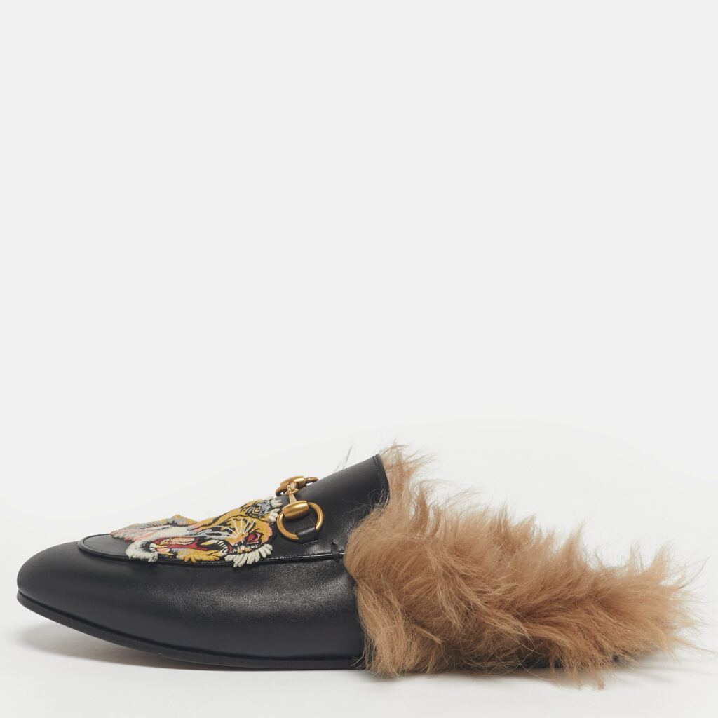 Gucci Black Leather and Fur Tiger Patch Princetown Flat Mules Size 37.5