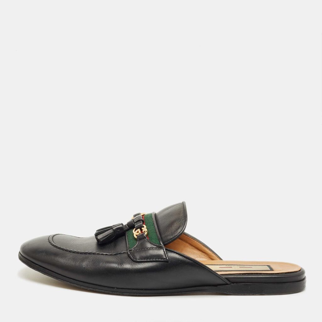 Gucci Black Leather Tassel Princetown Flat Mules Size 38
