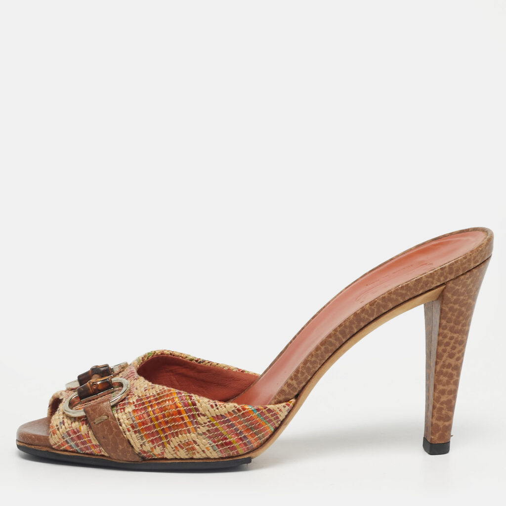 luxury-women-gucci-used-shoes-p1218986-010-1.jpg Gucci Beige Brown Orange Tweed Horsebit Slide Sandals Size 37