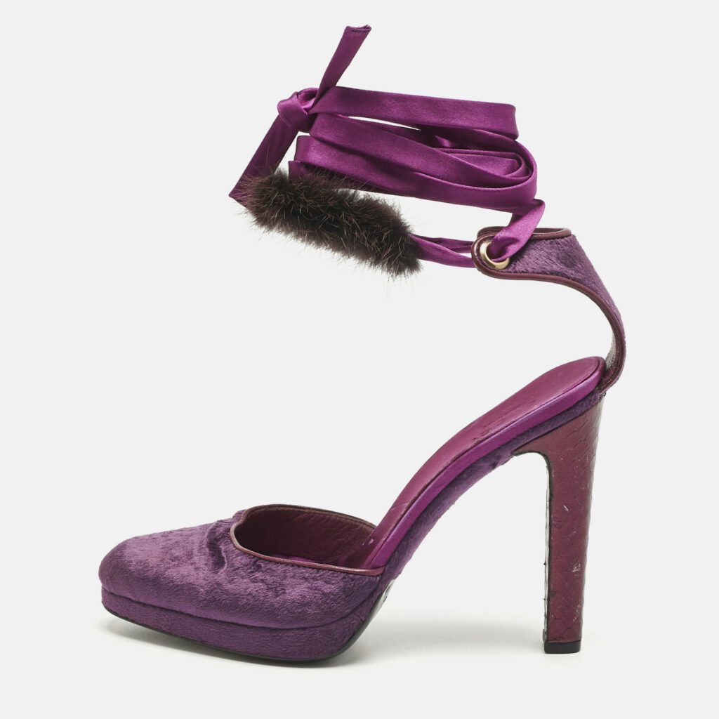 Gucci Purple Velvet and Mink Fur Ankle Strap Sandals Size 37