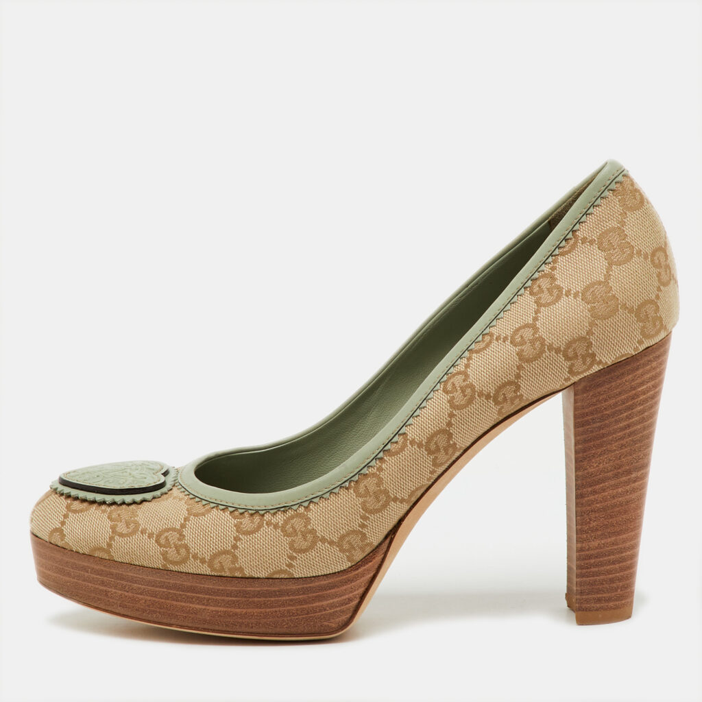 Gucci Beige/Light Green GG Canvas and Leather Babouska Platform Pumps Size 40.5