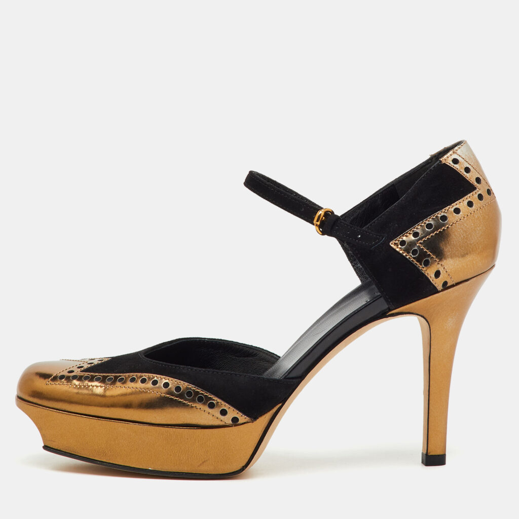 Gucci Black/Gold Suede and Patent Leather Ankle Strap Platform Pumps Size 40 Gucci Black/Gold Suede and Patent Leather Ankle Strap Platform Pumps Size 40