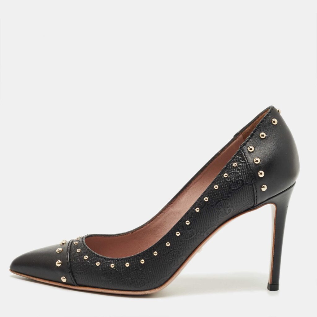 Gucci Black GG Coated Fabric and Leather Studded Pointed Toe Pumps Size 36.5