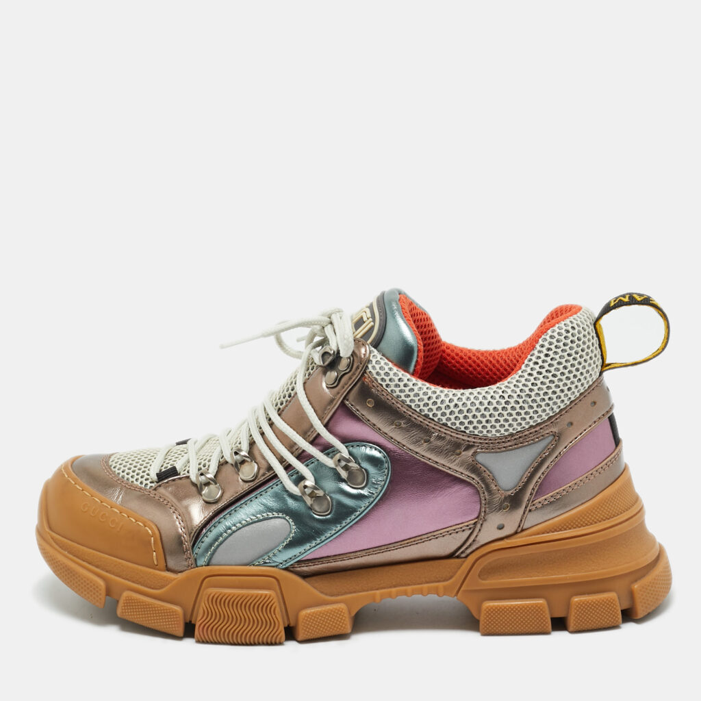 Gucci Multicolor Knit Fabric and Leather Flashtrek Lace Up Sneakers Size 40