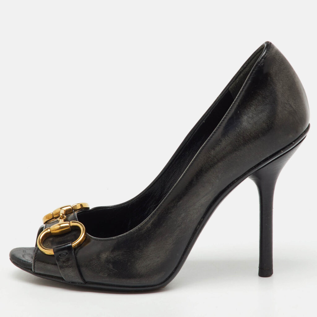 Gucci Black Leather Horsebit Peep Toe Pumps Size 35.5 Gucci Black Leather Horsebit Peep Toe Pumps Size 35.5