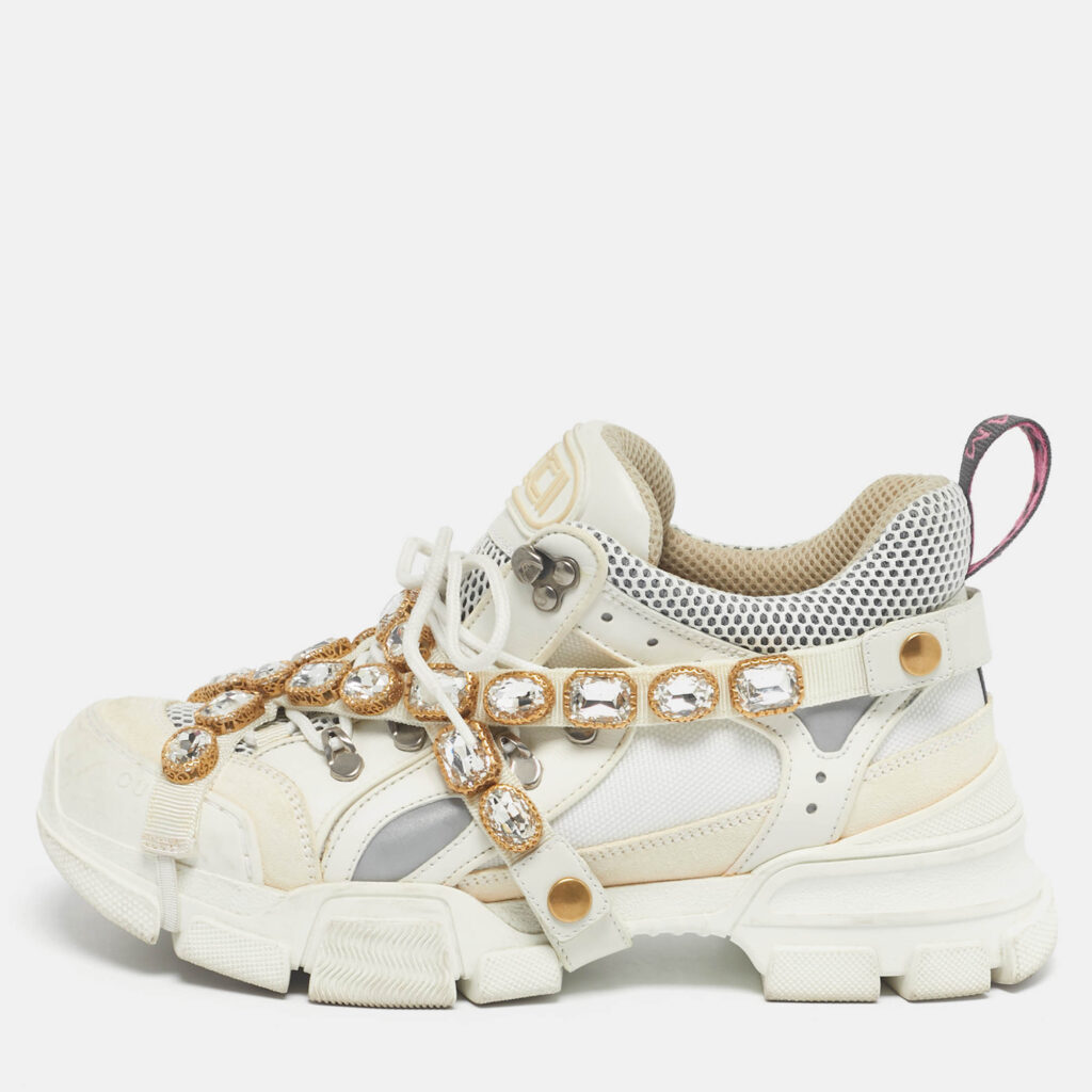 Gucci White Knit Fabric and Leather Flashtrek Lace Up Sneakers Size 40
