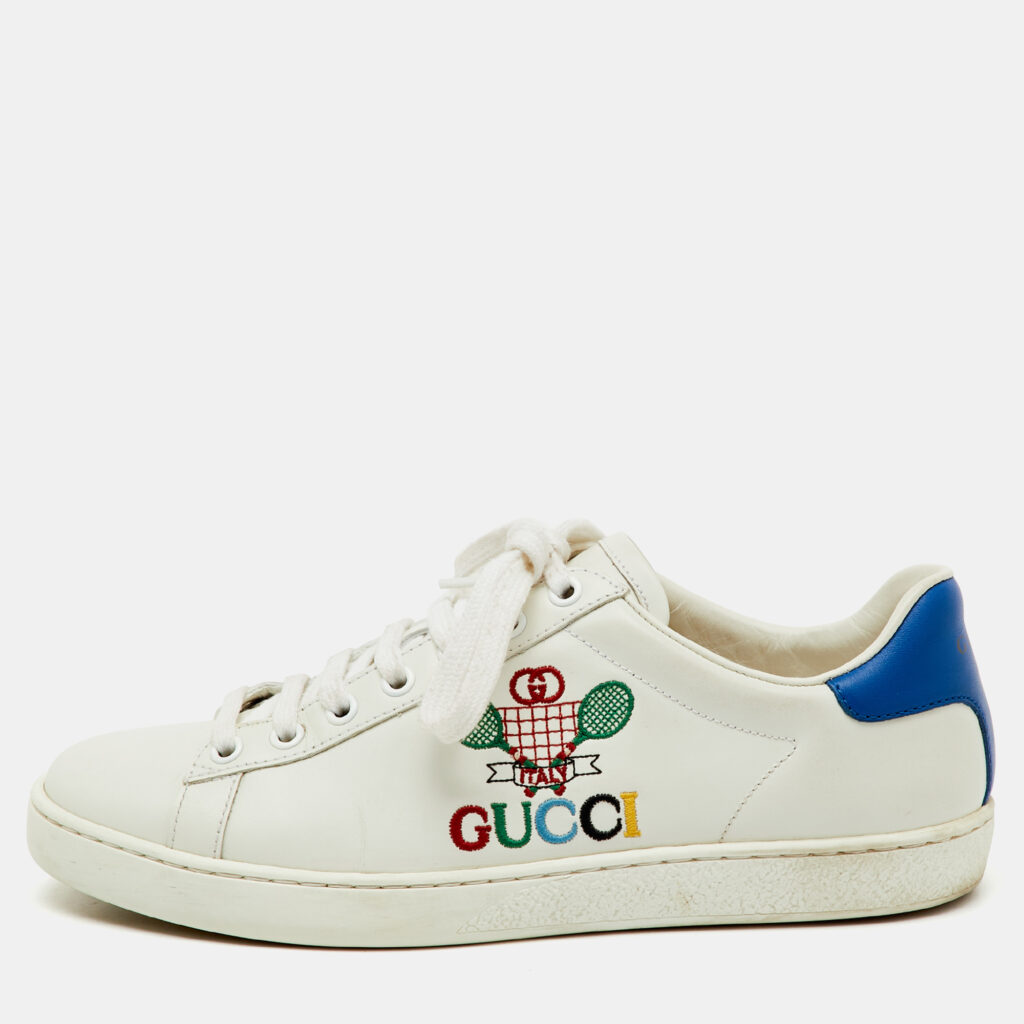Gucci White/Blue Leather Ace Tennis Embroidered Low Top Sneakers Size 37.5