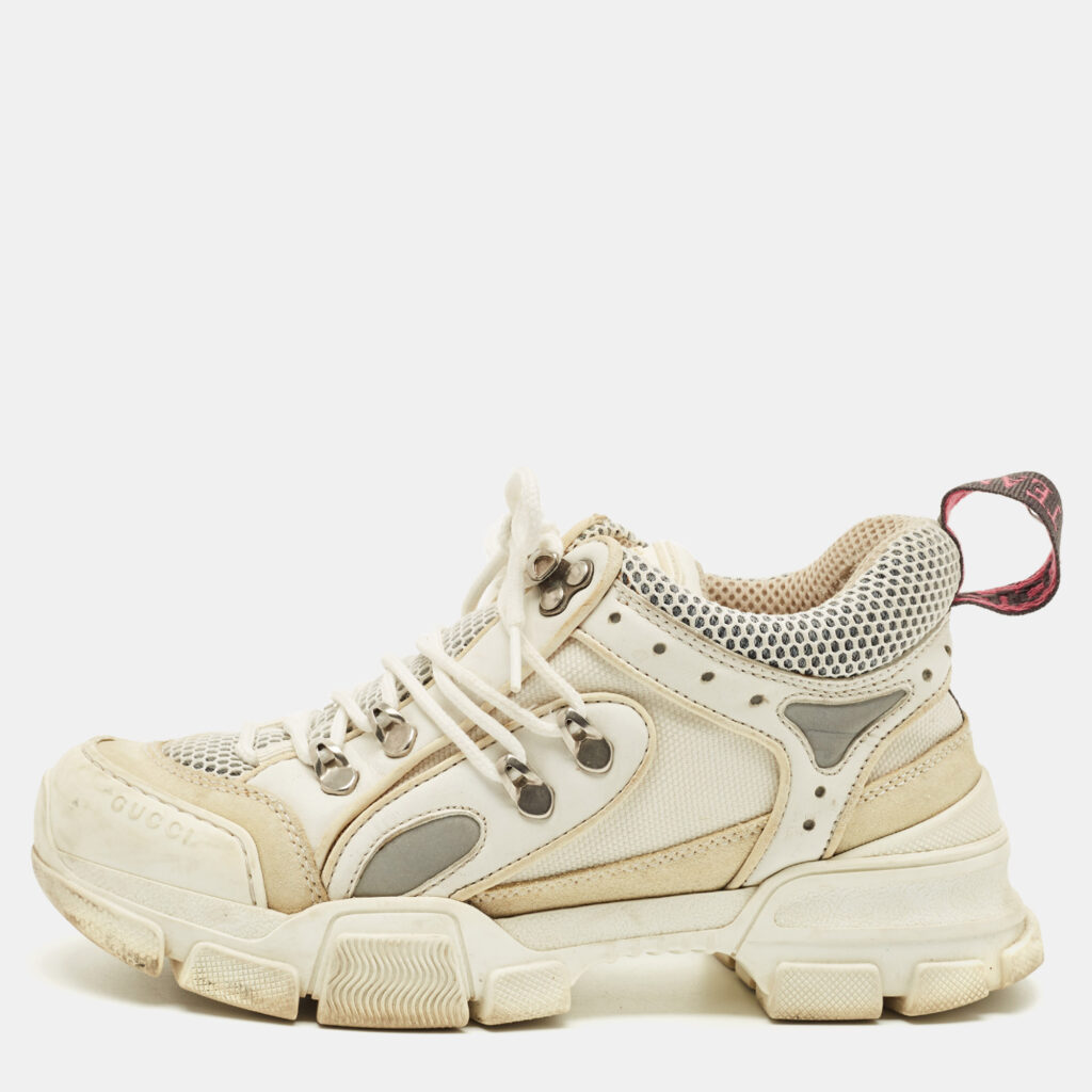 Gucci White Leather and Mesh Flashtrek Chunky Lace Up Sneakers Size 37