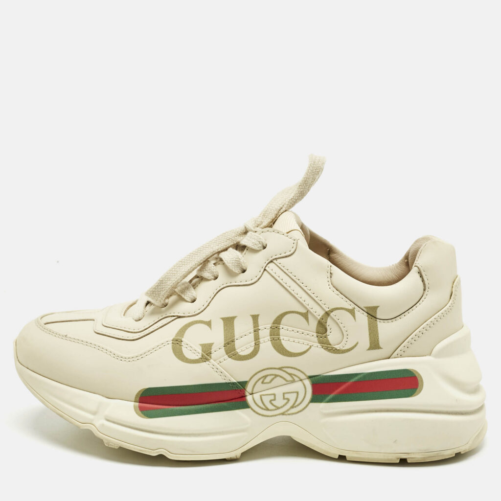 Gucci Off White Leather Rhyton Logo Print Low Top Sneakers Size 35.5 Gucci Off White Leather Rhyton Logo Print Low Top Sneakers Size 35.5