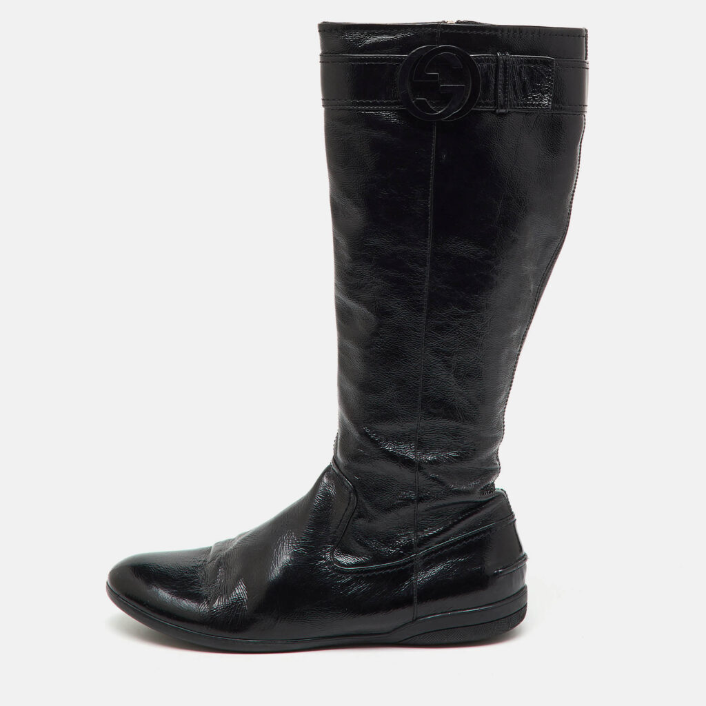Gucci Black Patent Leather Interlocking G Knee Length Boots Size 38 Gucci Black Patent Leather Interlocking G Knee Length Boots Size 38