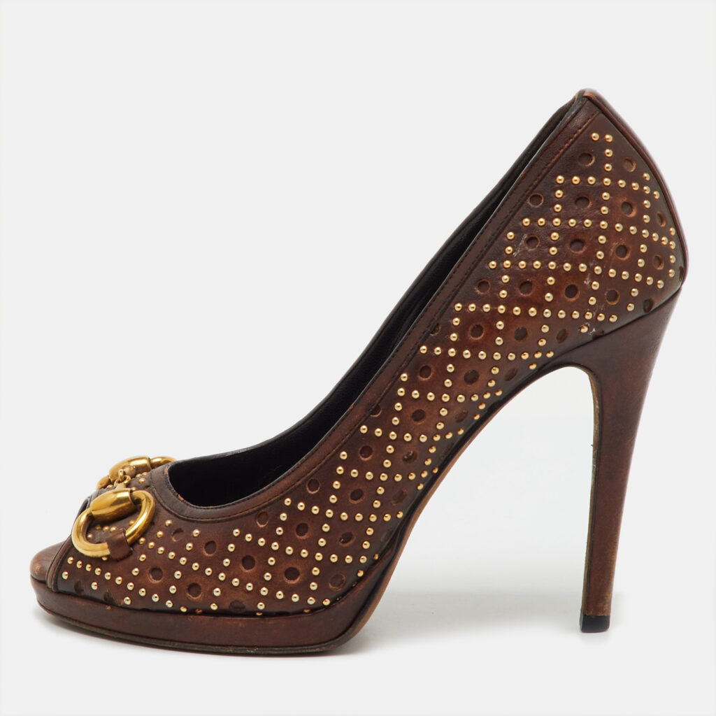 Gucci Dark Brown Leather New Hollywood Studded Horsebit Peep Toe Pumps Size 35