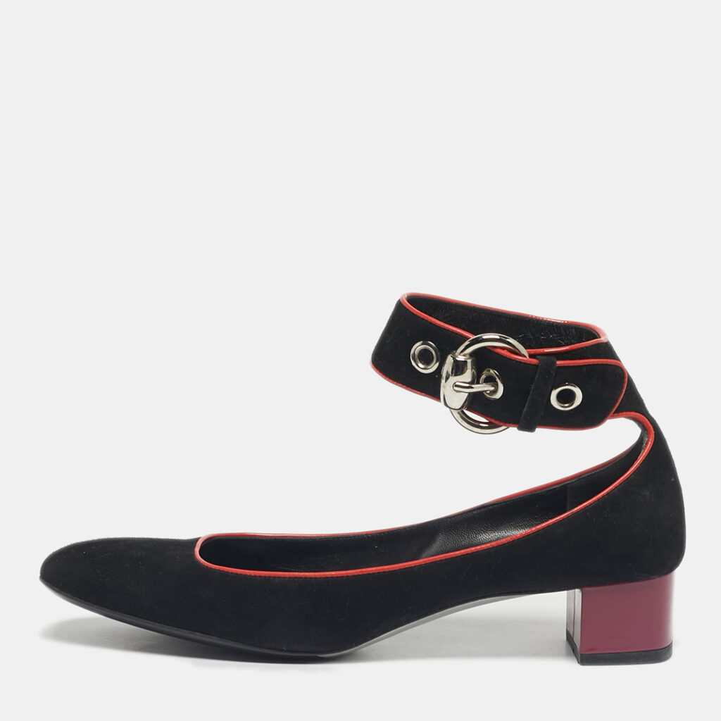 Gucci Black Suede Block Heel Ankle Strap Pumps Size 39