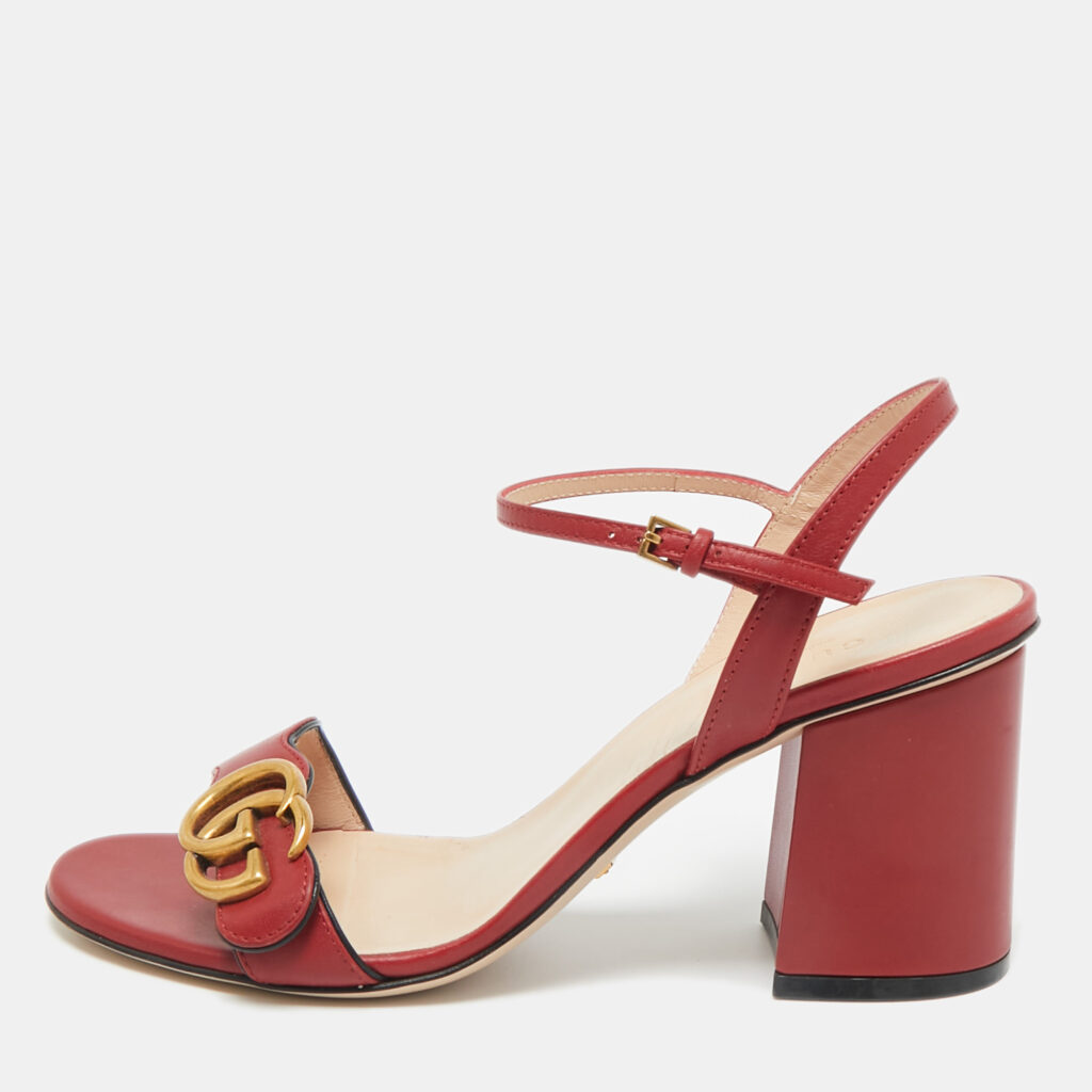 Gucci Red Leather GG Marmont Ankle Strap Sandals Size 38 Gucci Red Leather GG Marmont Ankle Strap Sandals Size 38
