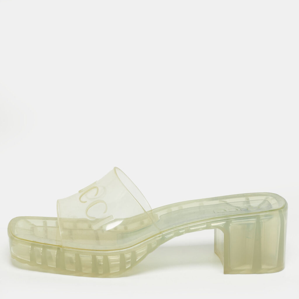 Gucci Transparent PVC Embossed Logo Block Heel Slide Sandals Size 38 Gucci Transparent PVC Embossed Logo Block Heel Slide Sandals Size 38