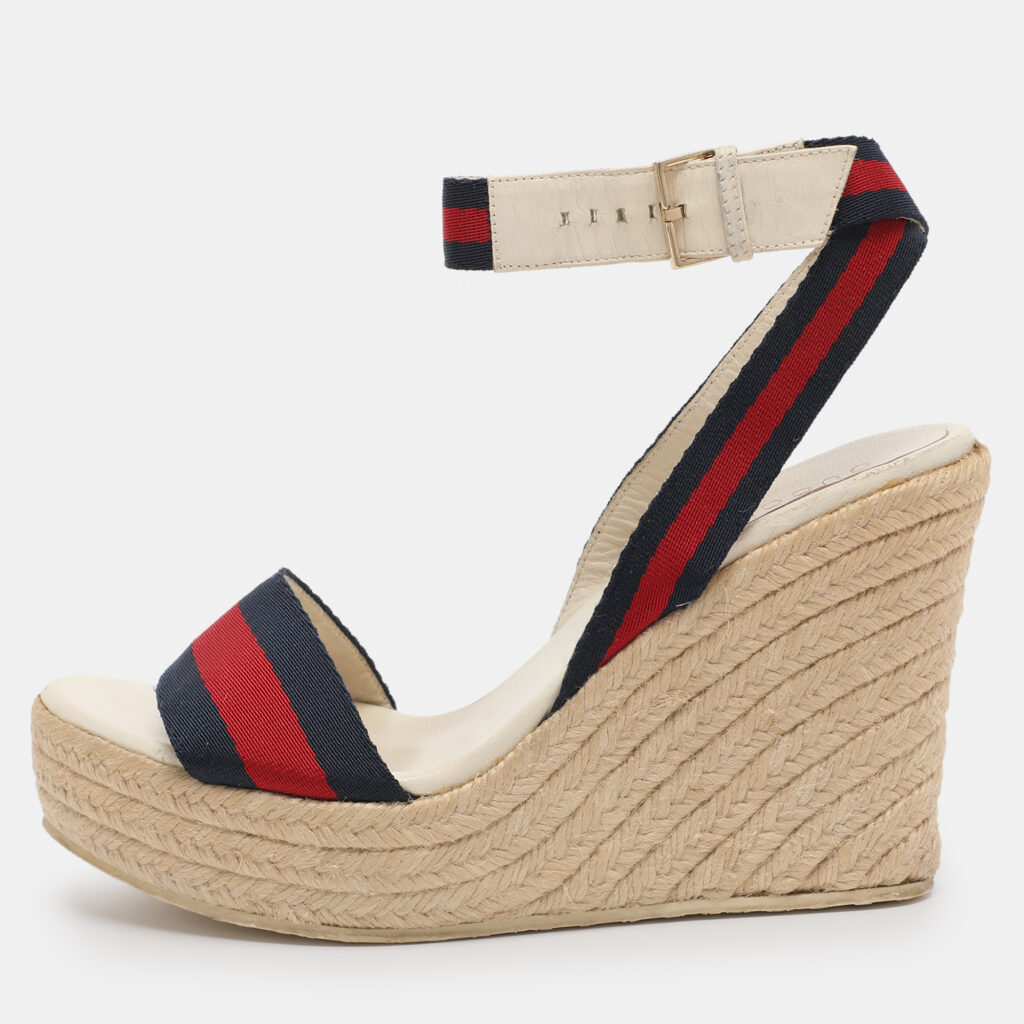 Gucci Multicolor Web and Leather Espadrille Wedge Sandals Size 39 Gucci Multicolor Web and Leather Espadrille Wedge Sandals Size 39