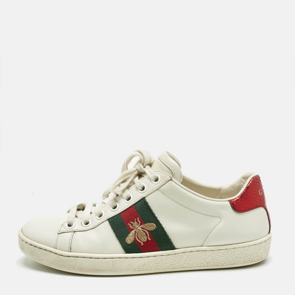 Gucci White Leather and Snakeskin Embossed Leather Ace Lace Up Sneakers Size 35 Gucci White Leather and Snakeskin Embossed Leather Ace Lace Up Sneakers Size 35