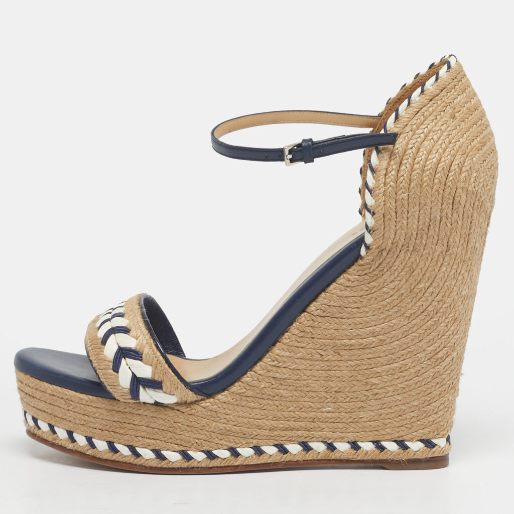Gucci Beige/Blue Jute and Leather Espadrille Wedge Sandals Size 39.5 Gucci Beige/Blue Jute and Leather Espadrille Wedge Sandals Size 39.5