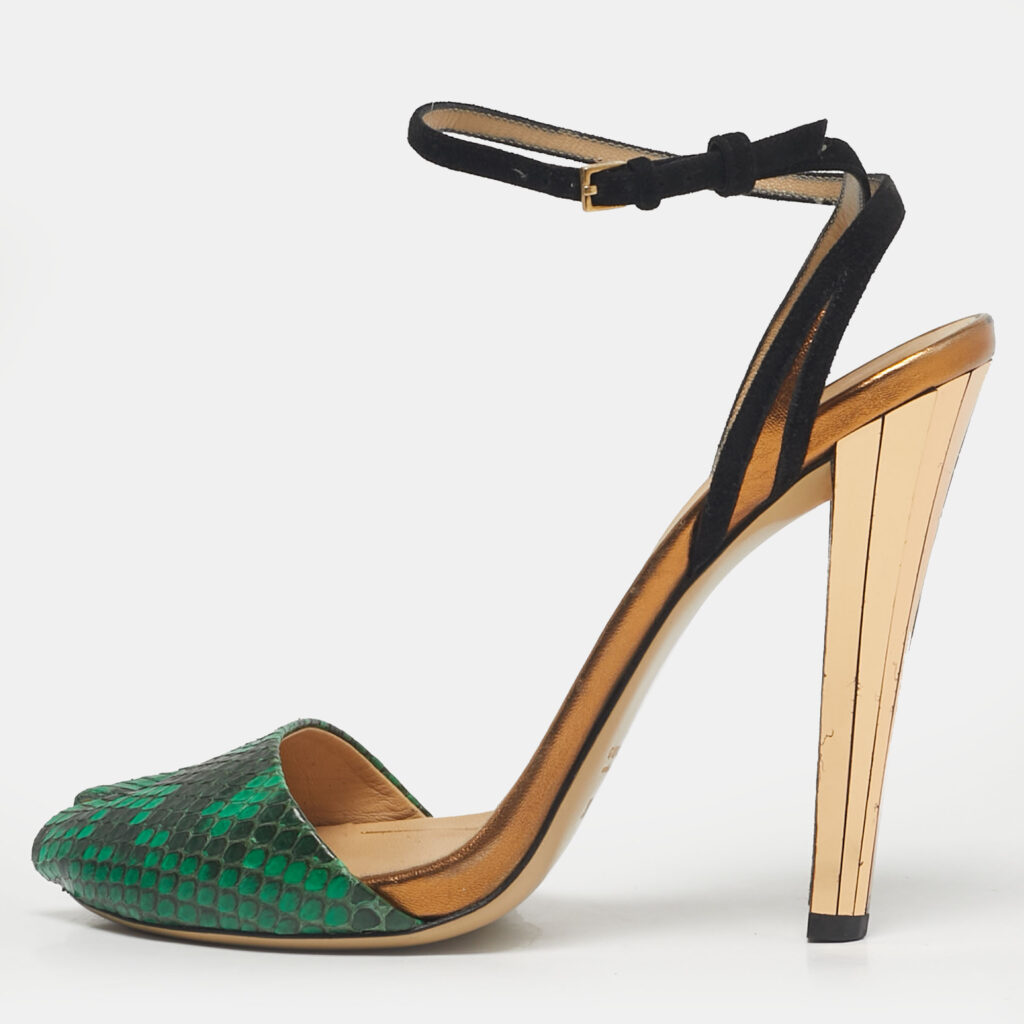 Gucci Green Python Leather and Suede Peep Toe Ankle Wrap Pumps Size 38