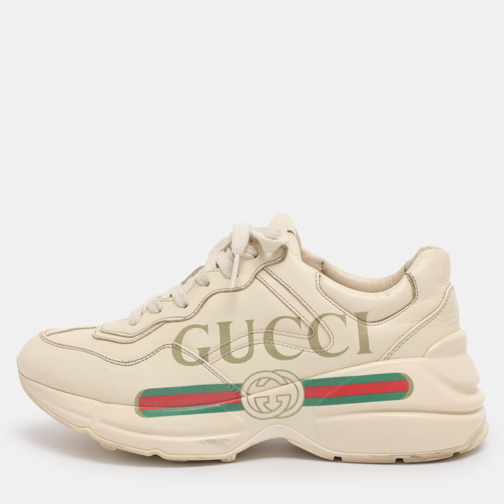 Gucci Cream Leather Rhyton Low Top Sneakers Size 36.5