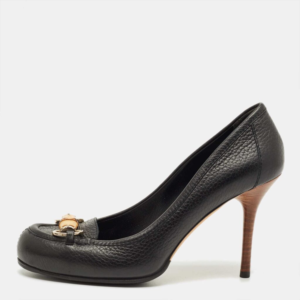 Gucci Black Leather Bamboo Horsebit Loafer Pumps Size 37