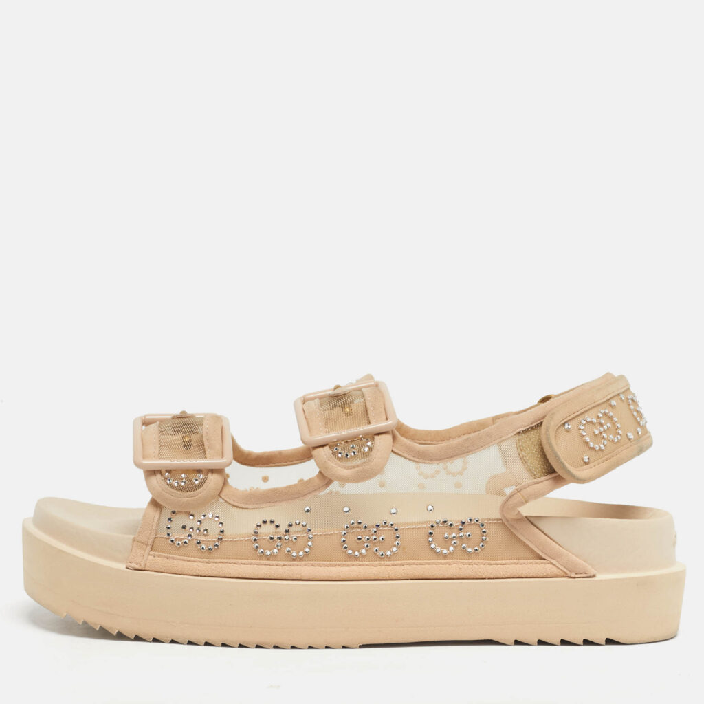 Gucci Beige Mesh and Suede GG Crystal Embellished Platform Sandals Size 39