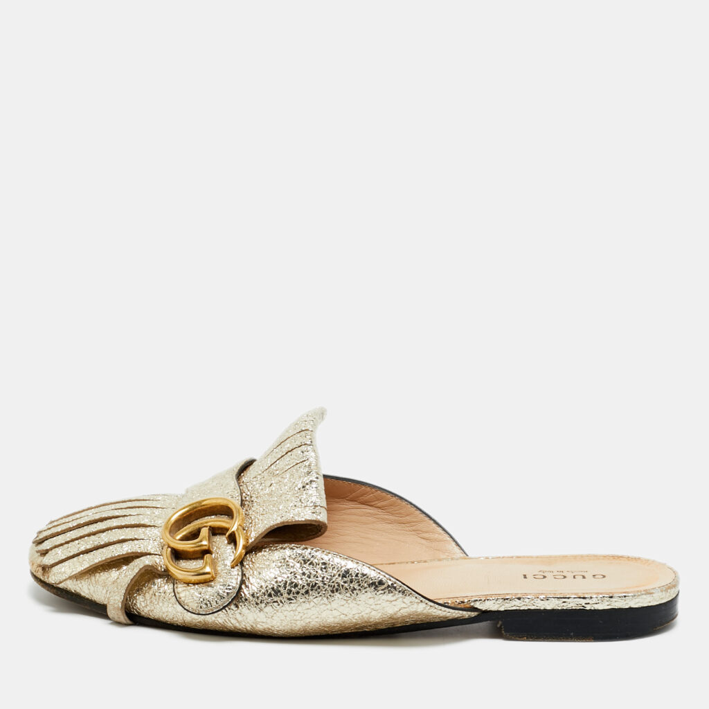 Gucci Gold Foil Leather GG Marmont Fringe Detail Flat Mules Size 36
