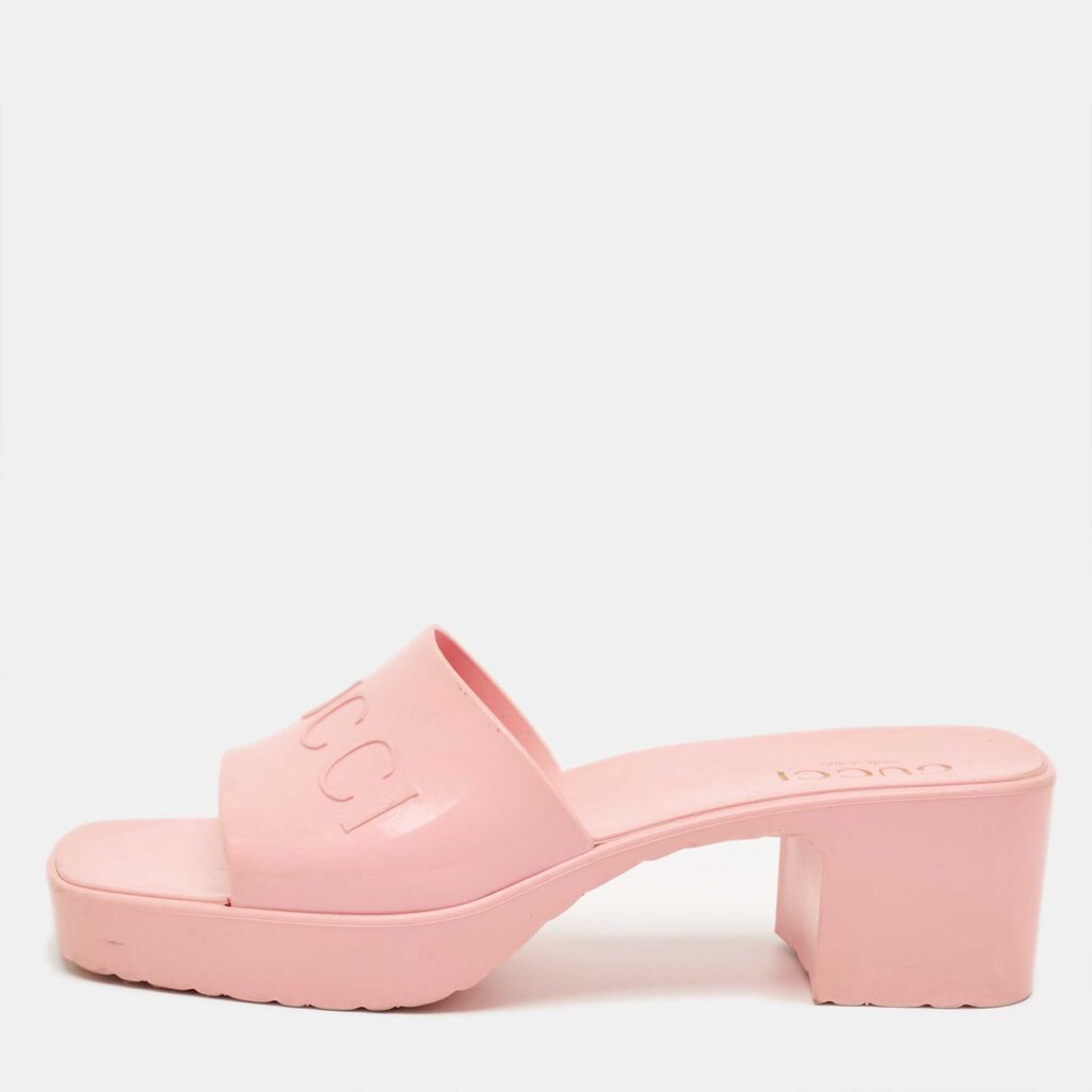 Gucci Pink Rubber Embossed Logo Block Heel Slide Sandals Size 38 Gucci Pink Rubber Embossed Logo Block Heel Slide Sandals Size 38