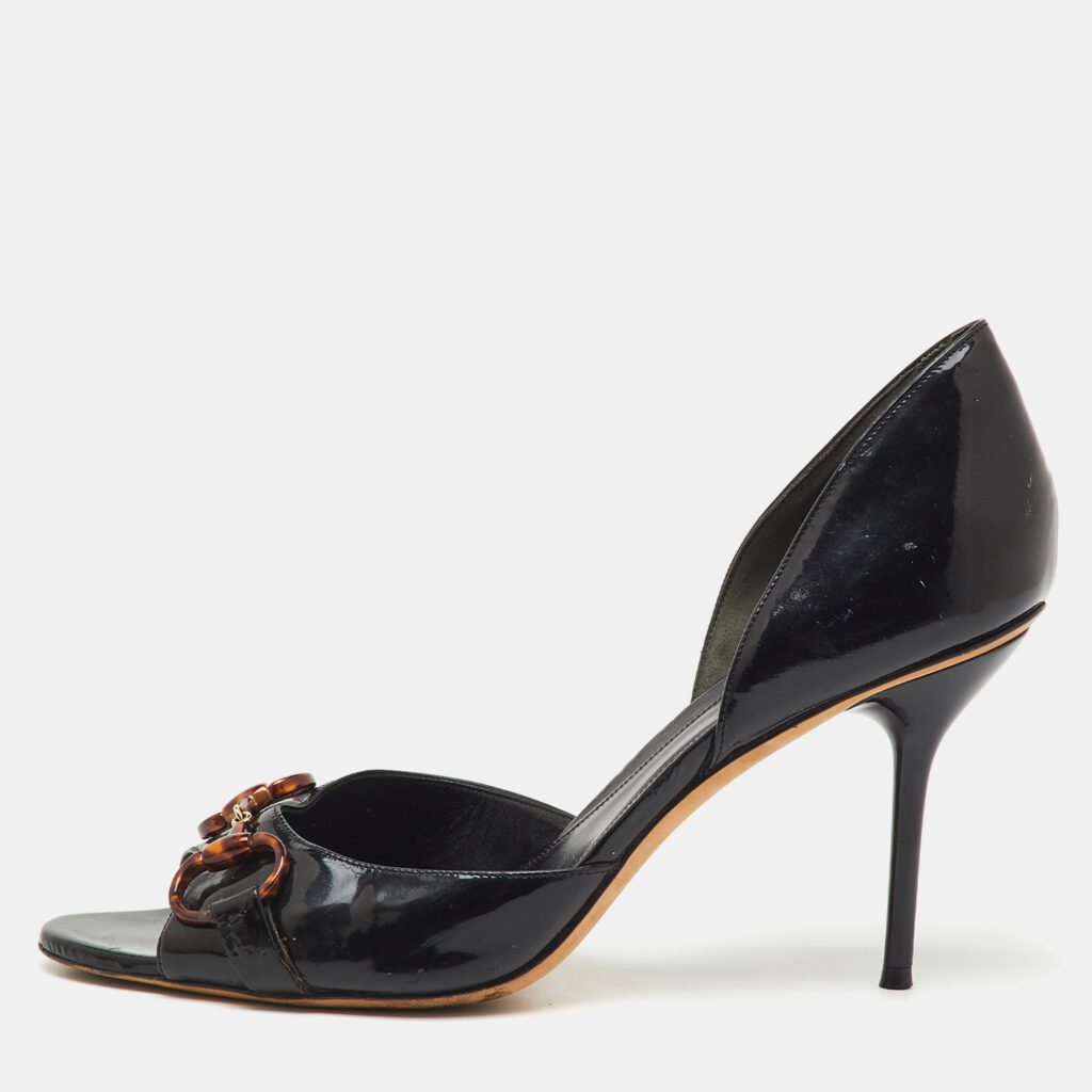 Gucci Black Patent Leather Horsebit Open Toe D'orsay Pumps Size 43