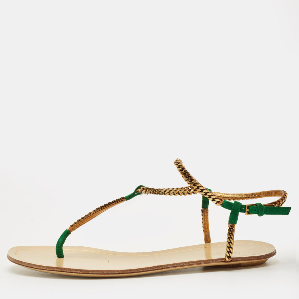 Gucci Two Tone Metal Chain and Suede Thong Slingbak Sandals Size 37.5