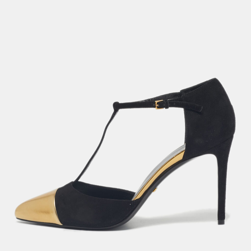 Gucci Black/Gold Leather and Suede Coline T-Strap Pumps Size 39