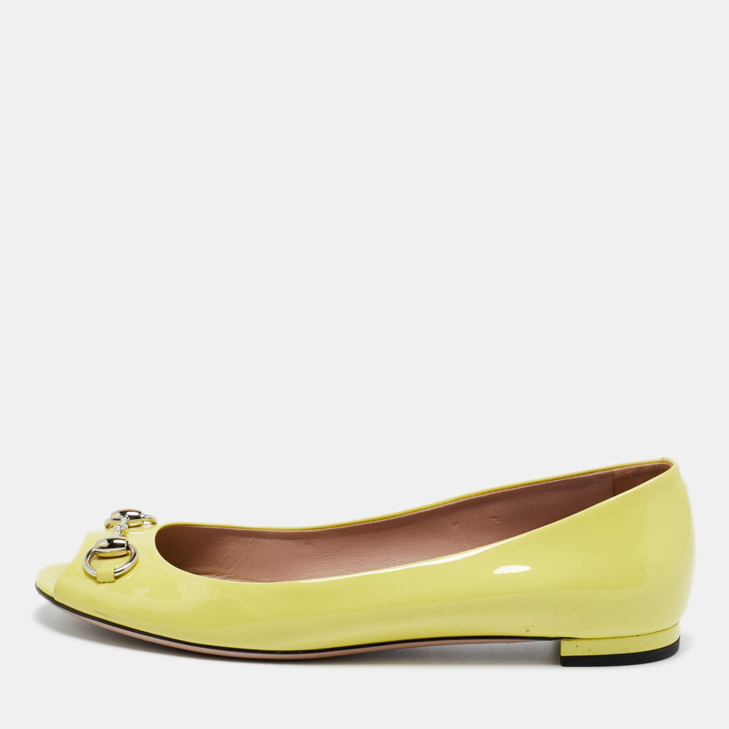 Gucci Neon Yellow Patent Leather Horsebit Peep Toe Ballet Flats Size 39