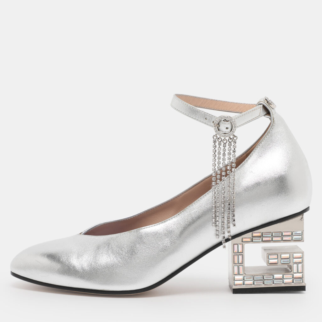 Gucci Silver Metalic Leather Crystal Square G Ankle Strap Pumps Size 38.5