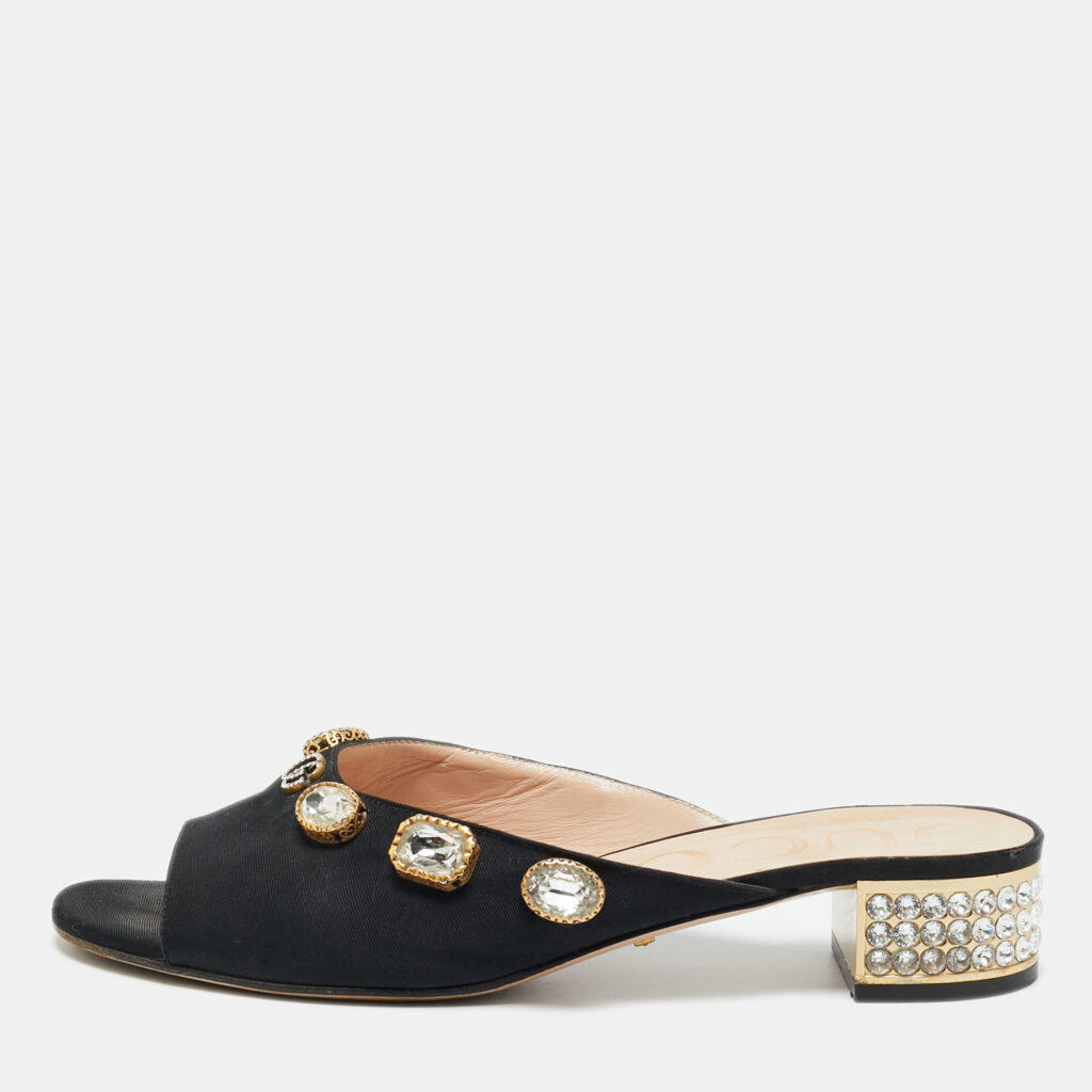 Gucci Black Fabric Crystal Embellished Slide Open Toe Mules Size 39 Gucci Black Fabric Crystal Embellished Slide Open Toe Mules Size 39