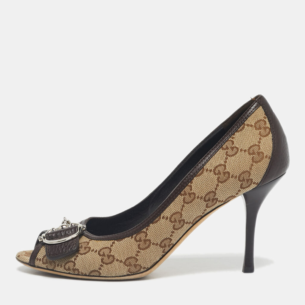 Gucci Beige/Brown Guccissima Canvas Peep Toe Pumps Size 38