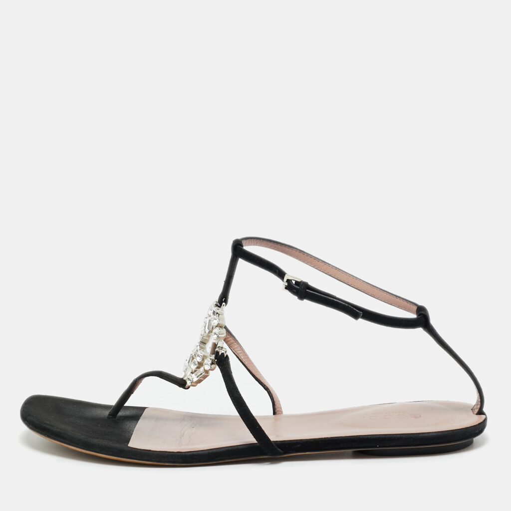 Gucci Black Suede GG Interlocking Crystal Embellished Ankle Strap Flat Sandals Size 39 Gucci Black Suede GG Interlocking Crystal Embellished Ankle Strap Flat Sandals Size 39